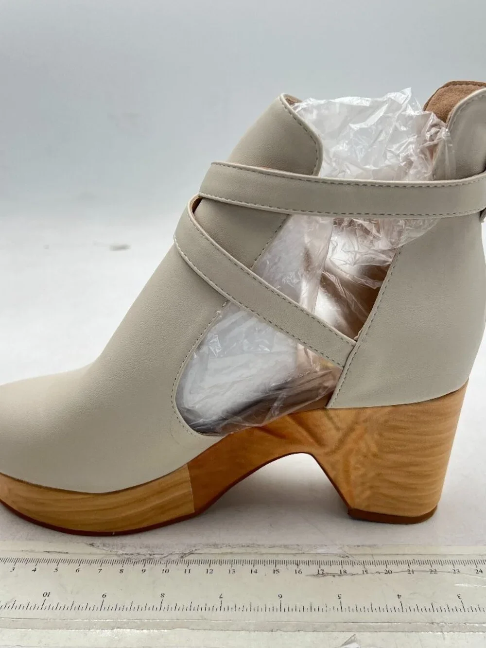 Beige Platform Rounded Toe Cutout Strap Buckle Cork Block High Heels Ankle Boot